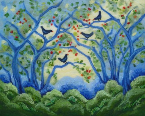 Misty Woodland / Coedwig yn yr Niwl Ali Scott felt art titled Misty Woodland / Coedwig yn yr Niwl