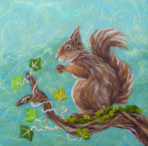 Red Squirrel / Wiwer Goch Ali Scott felt art titled Red Squirrel / Wiwer Goch