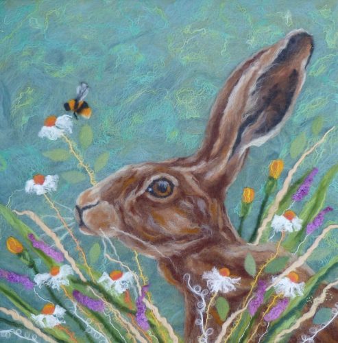 Summer Hare / Sgwarnog Haf Ali Scott felt art titled Summer Hare / Sgwarnog Haf