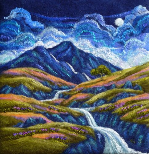 The Water Flows / Y Dwr yn Llifo Ali Scott felt art titled The Water Flows / Y Dwr yn Llifo