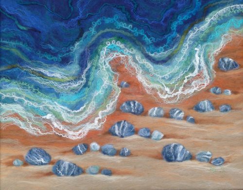 Pebble Beach / Traeth Garegog Ali Scott felt art titled Pebble Beach / Traeth Garegog